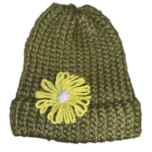 Hand Knit Beanie Hat Olive‎ Green Yellow Flower Accent 6-12 Months